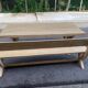 Monastery bench with a 220 cm backrest, renovated in raw solid oak with X legs.