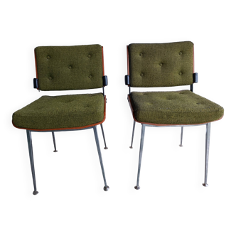 Pair of 60s marcom chairs of modern tube wood metal green fabric vintage mag