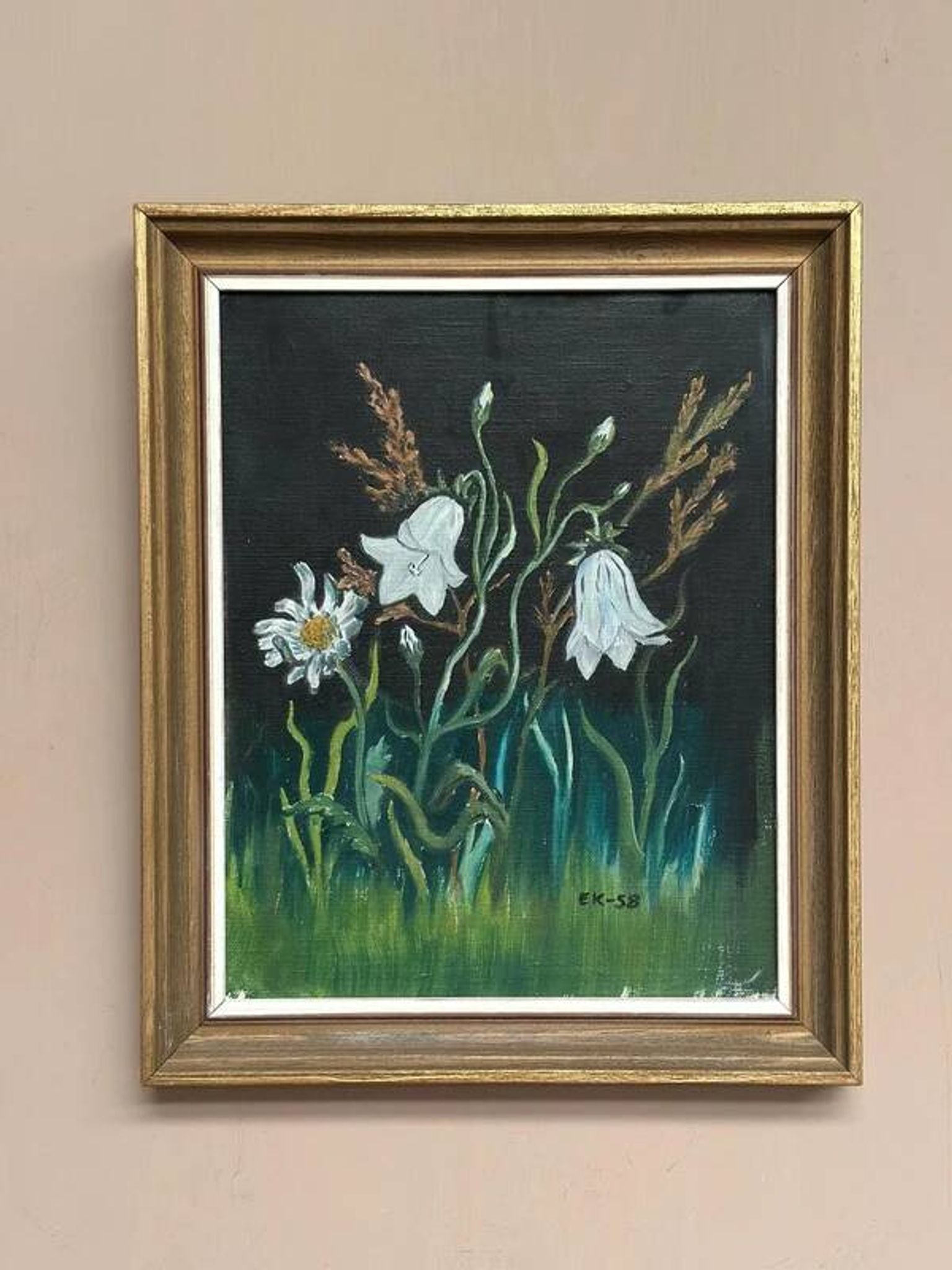 Swedish oil on panel “White Lilies and Flowers” by EK, vintage & framed 28×35cm