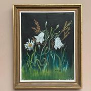 Swedish oil on panel “White Lilies and Flowers” by EK, vintage & framed 28×35cm