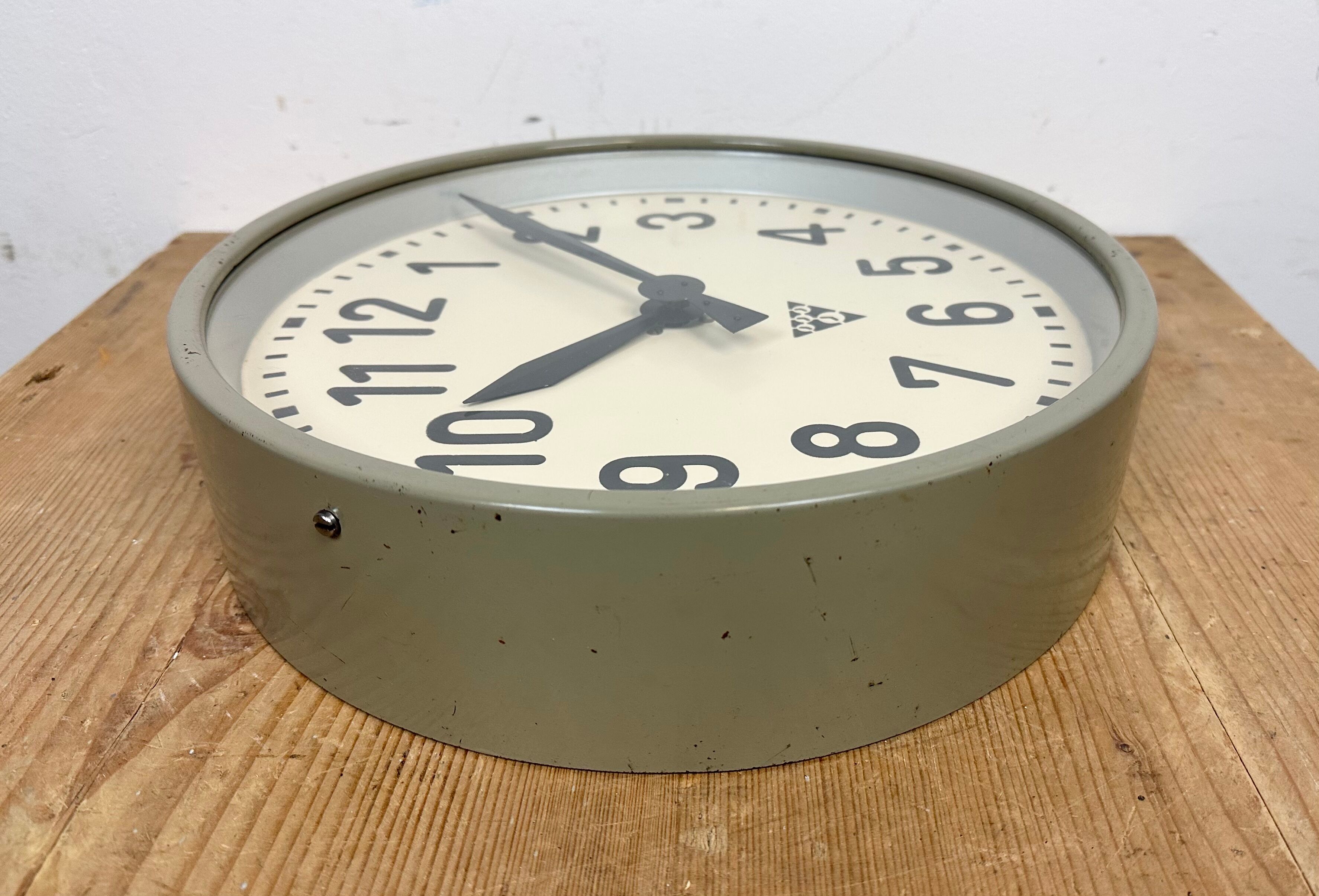 Grey Industrial Factory Wall Clock from Pragotron, 1950s