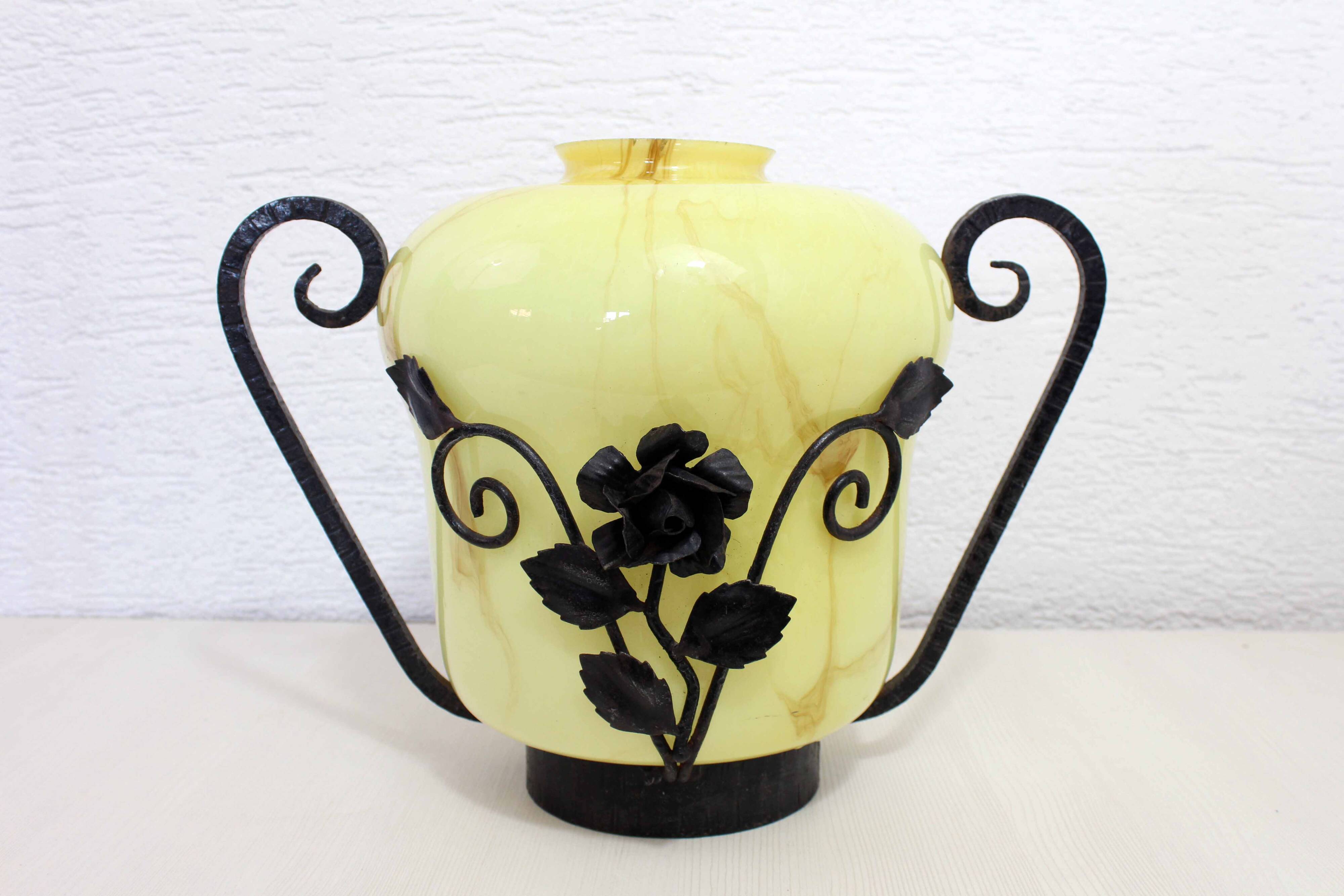Art Deco transition glass and wrought iron vase