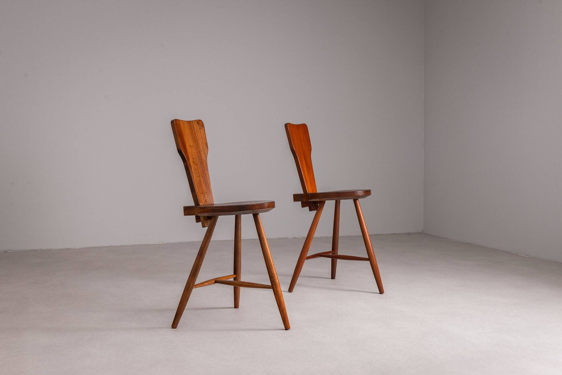 Pair of sculptural rustic wooden chairs in pine France 1960