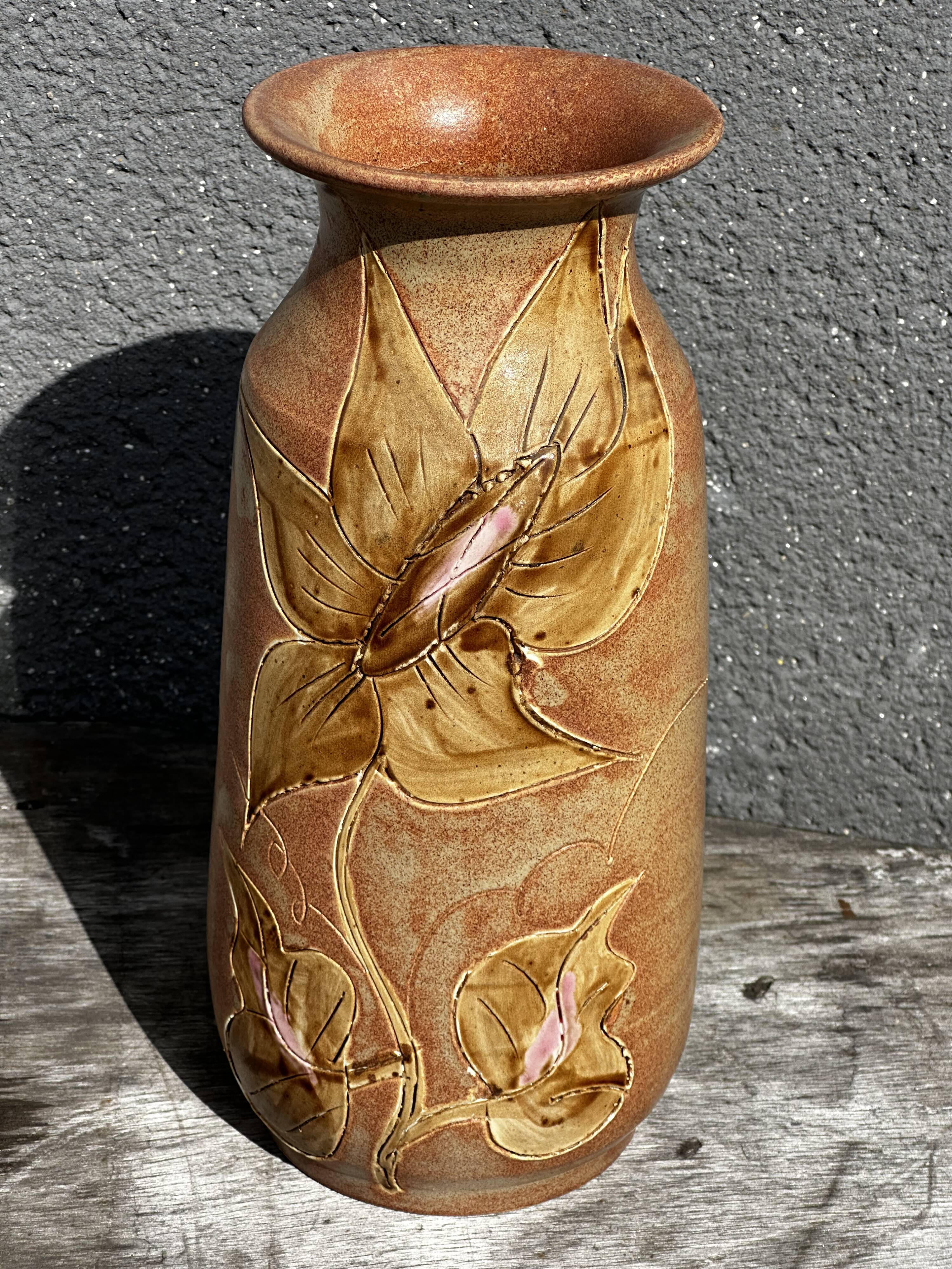 Vintage 1950s ceramic vase with floral decoration - signed Vallauris H 20 cm