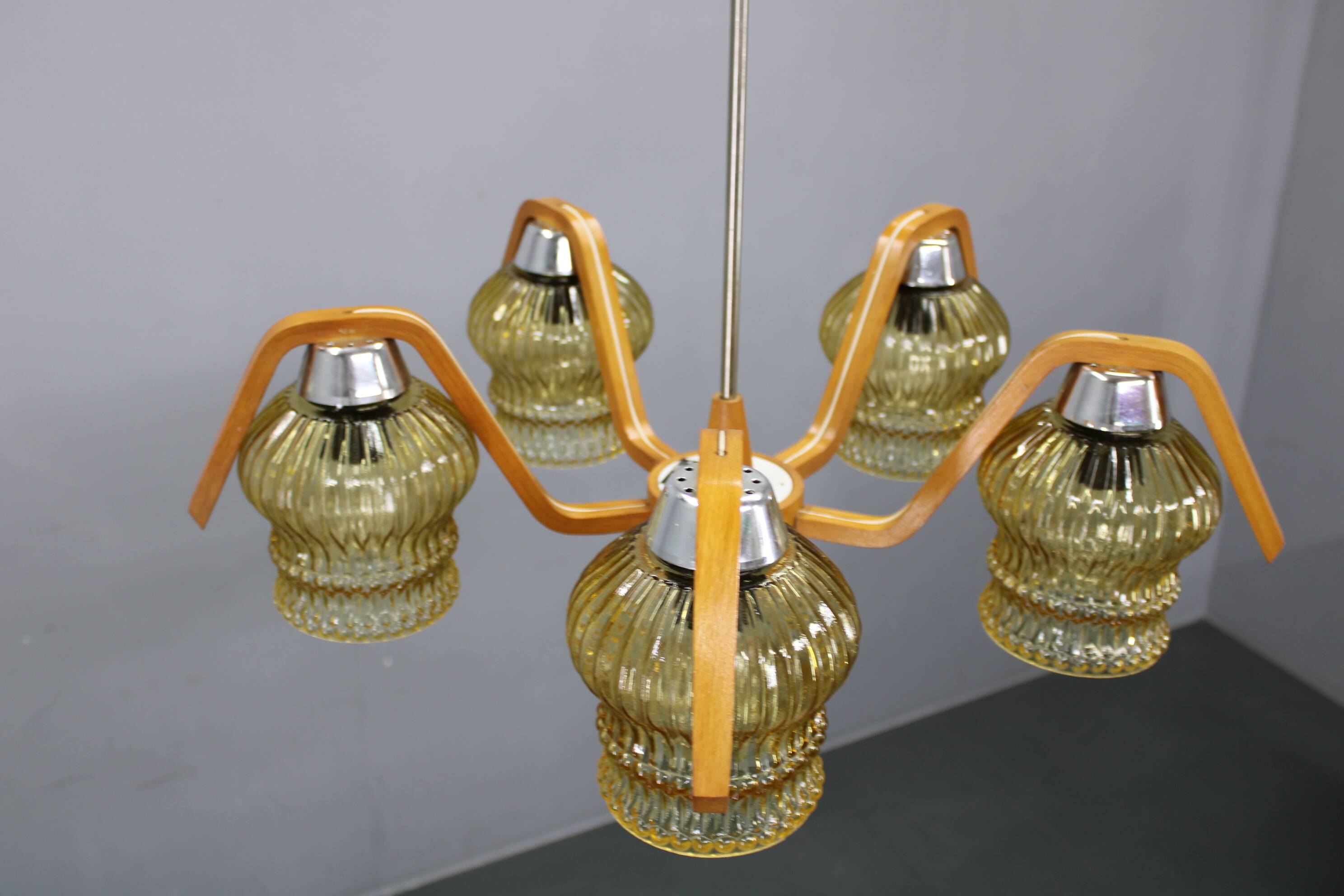 Mid Century Czech Wood Glass Chandelier, 1970s Restored