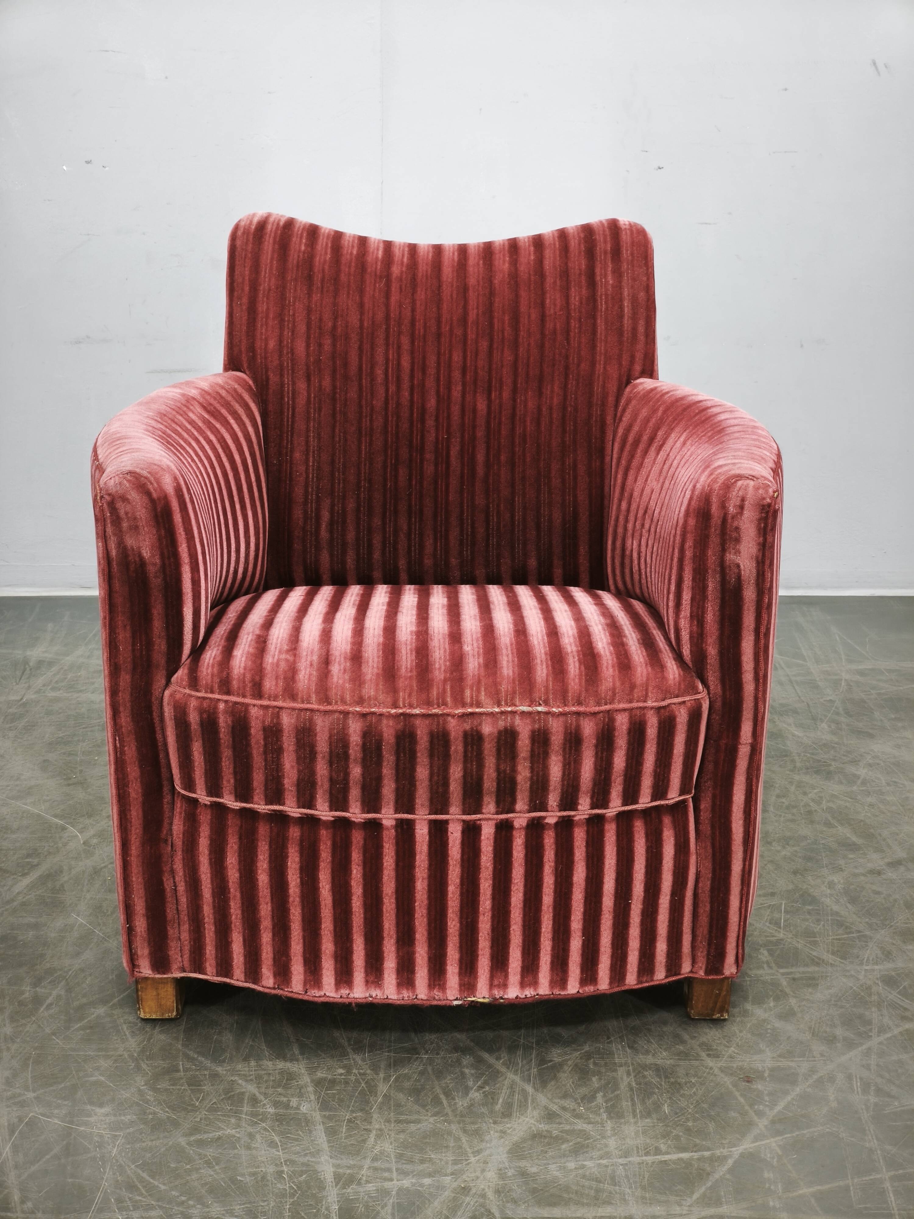 1950s Danish Modern Sculptural Velvet Lounge Armchair