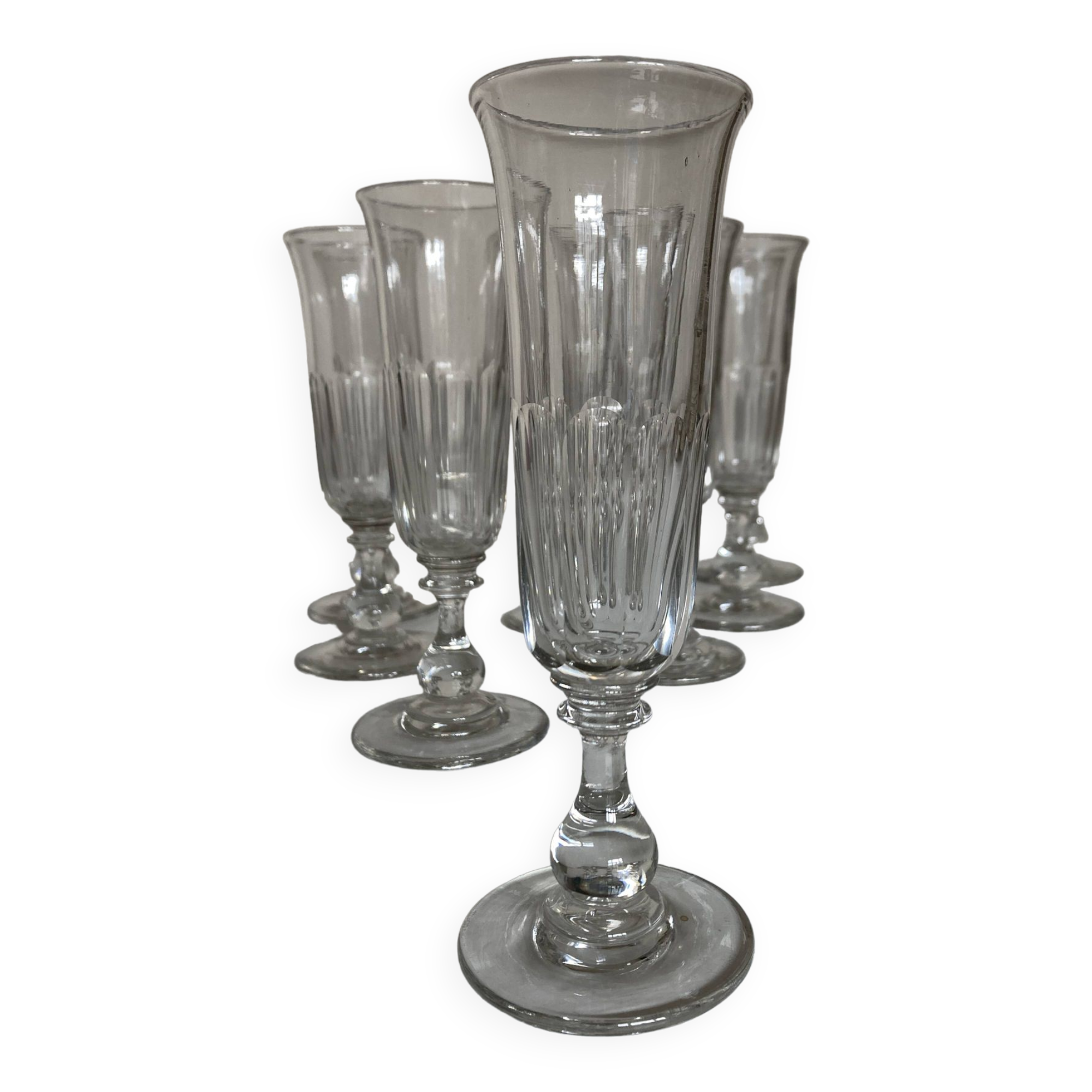 Set of 9 Louis Philippe tulip champagne flutes with flat sides mid 19th