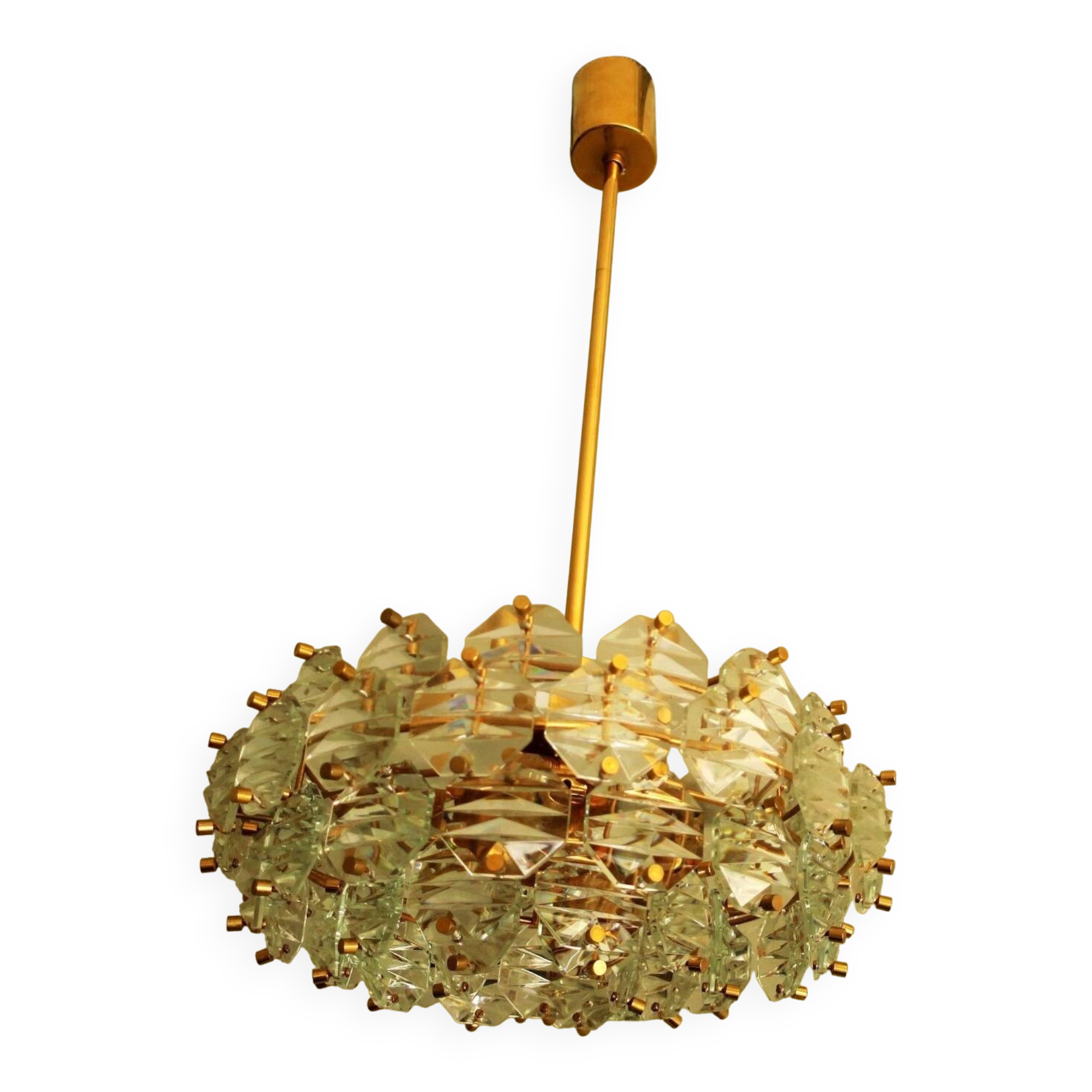 Kinkeldey gold-plated brass and faceted glass chandelier, 1960s