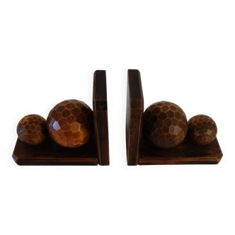 Pair of vintage wooden bookends with faceted balls