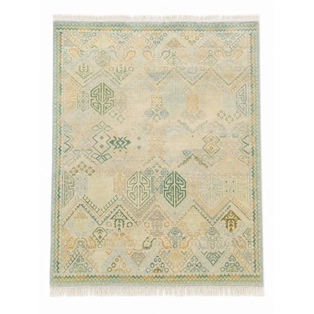 Hand-Knotted Wool Area Rug, Oushak Ivory Sage Green Design Carpet for Living Room