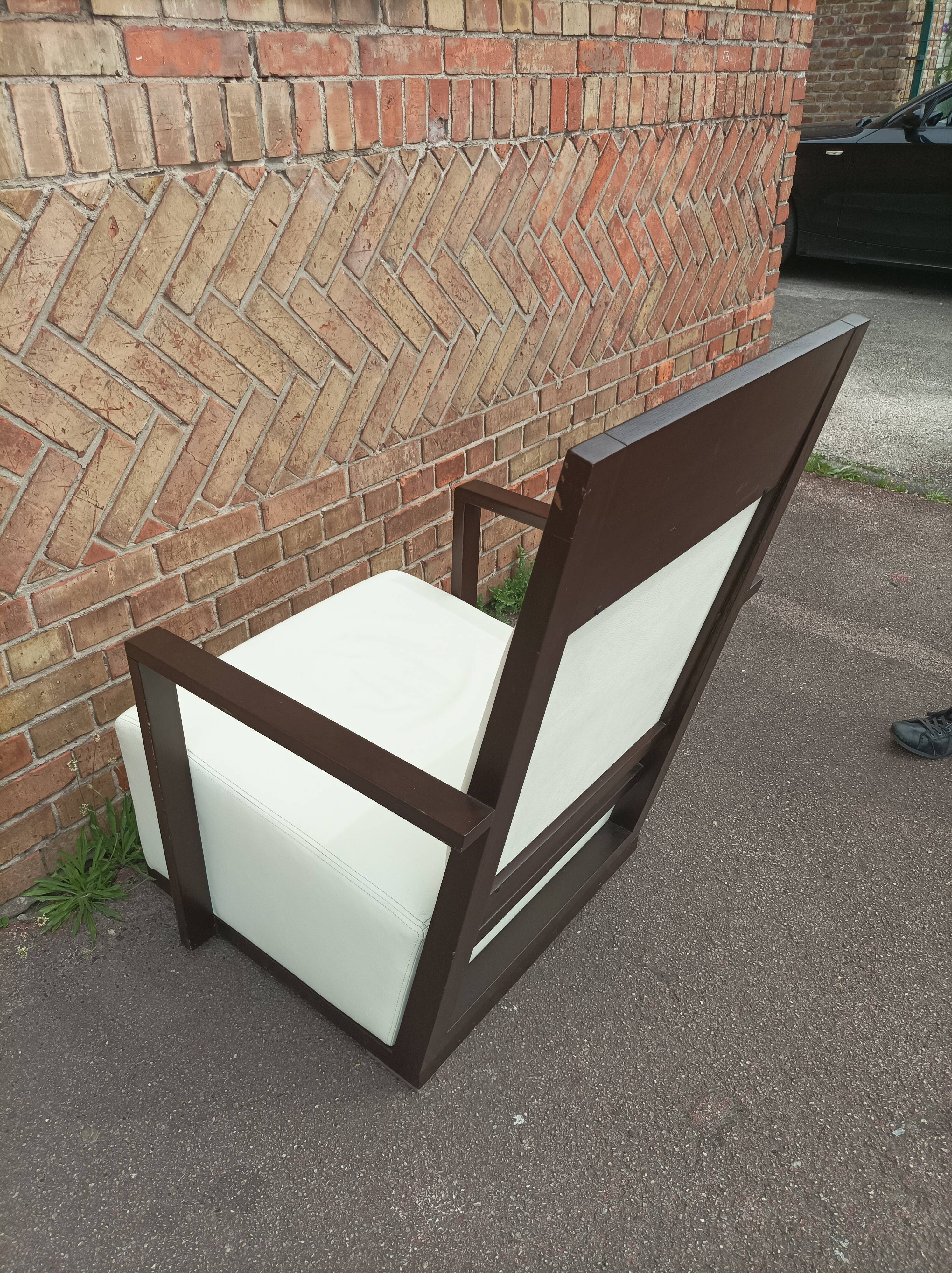 Old armchair white leather art deco design André sornay