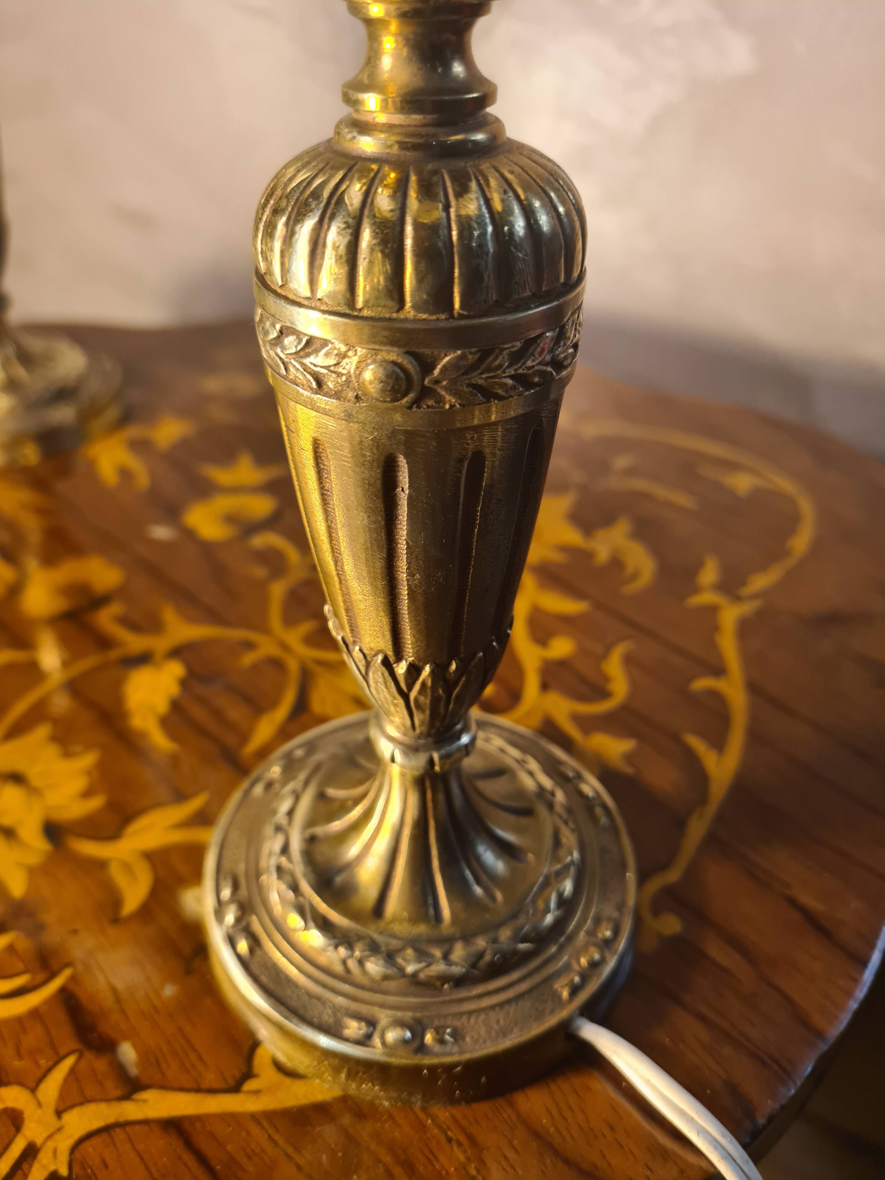 pair of Empire brass bedside lamps 34x14 electric working embroidered lampshade very beautiful