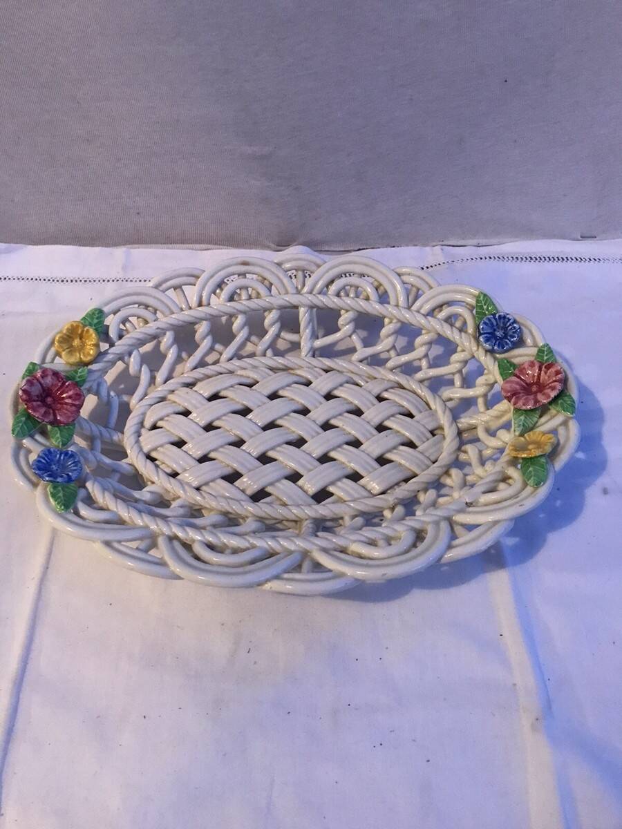 Old Oval Plate Cut-Out Ceramic Flower Relief Decor Italy Wine