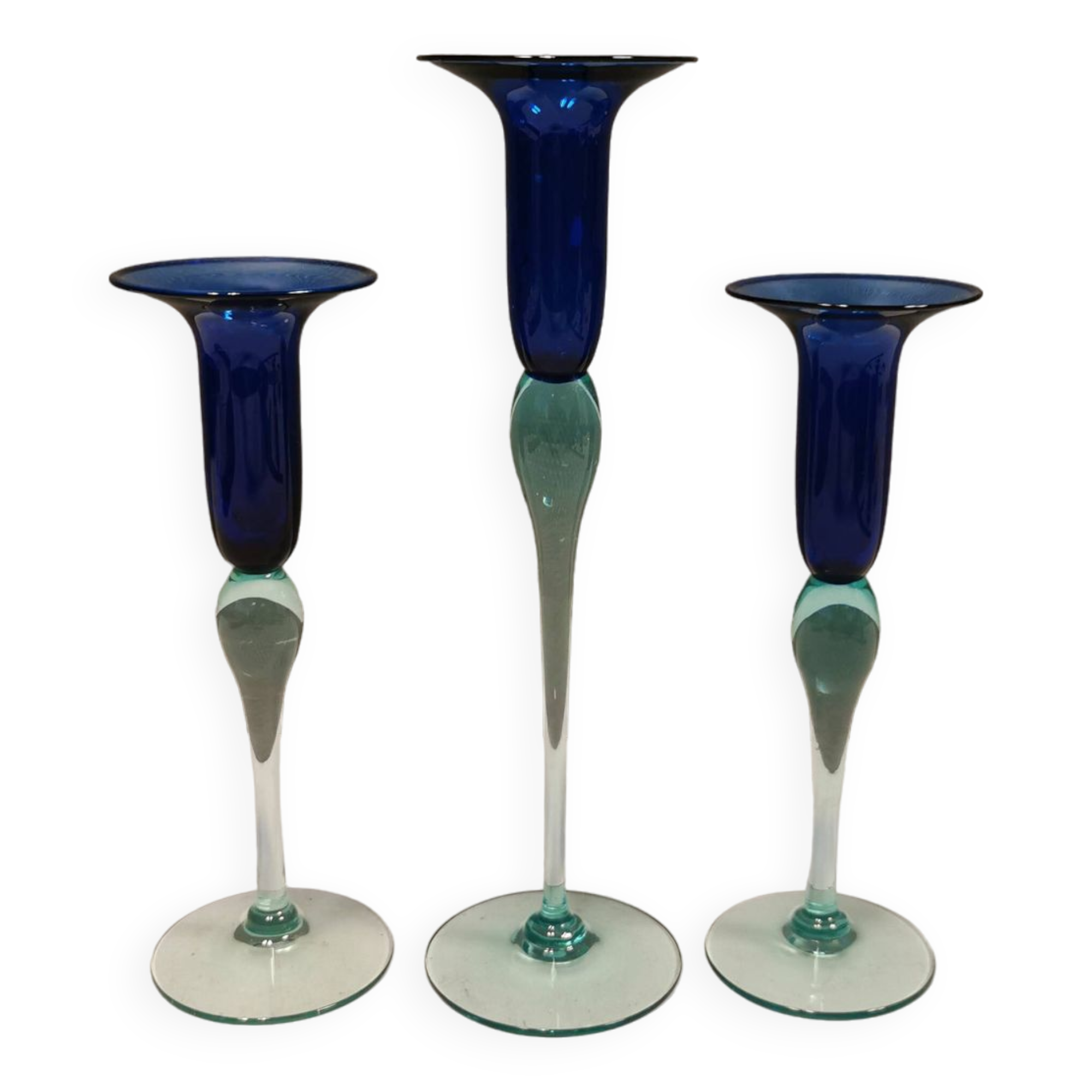 Royal Copenhagen set of 3 candle holders, model Harlequin in blue/turquoise glass.
