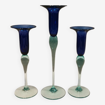 Royal Copenhagen set of 3 candle holders, model Harlequin in blue/turquoise glass.