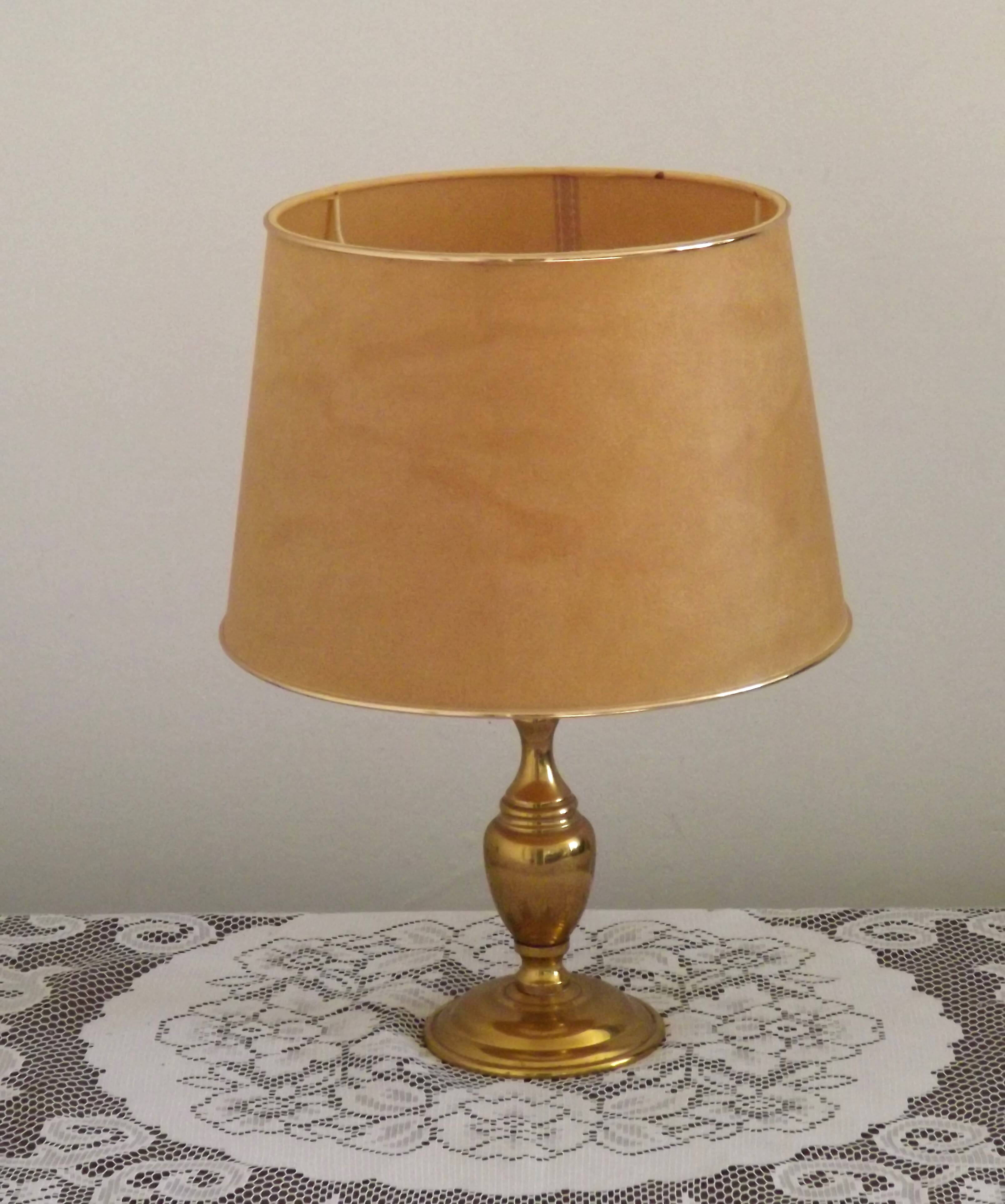 Vintage French Round Brass Table Lamp With Beige and Gold Shade