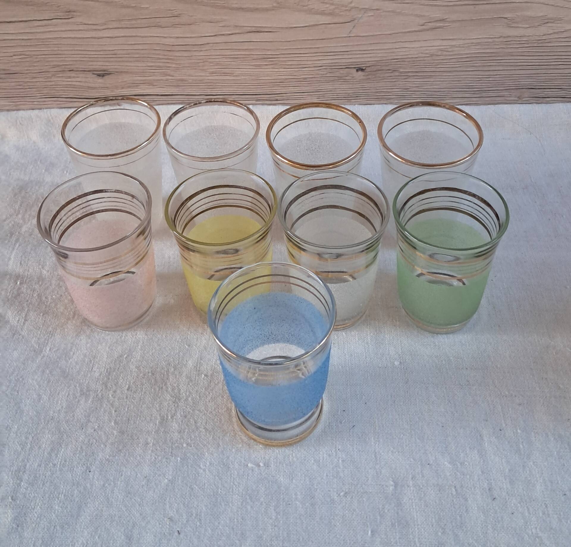Vintage liqueur service from the 50s/60s — Decanter, 9 pastel glasses & tray