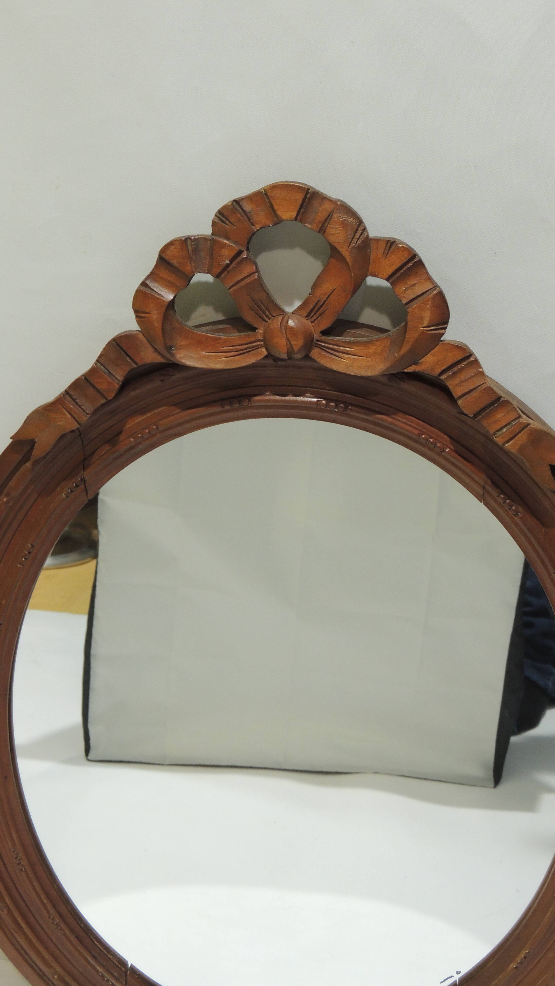 Antique oval mirror in carved wood – Louis XVI style, ribbon bow decoration, mid