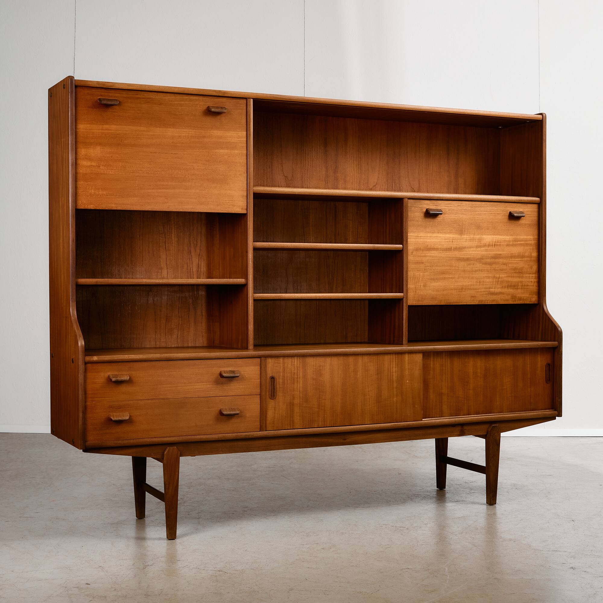 Mid-Century Teak Highboard with Sculpted Legs, Storage and Glass Shelf, 1960s