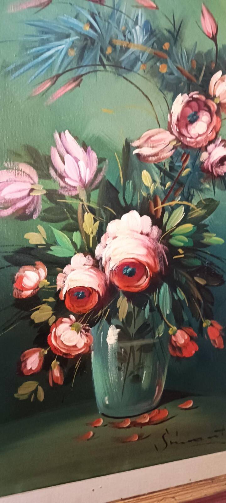 Large oil painting on canvas vase with flowers signed