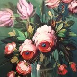 Large oil painting on canvas vase with flowers signed