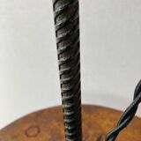Wrought iron floor lamp with magazine holder and sisal shade, 1950s