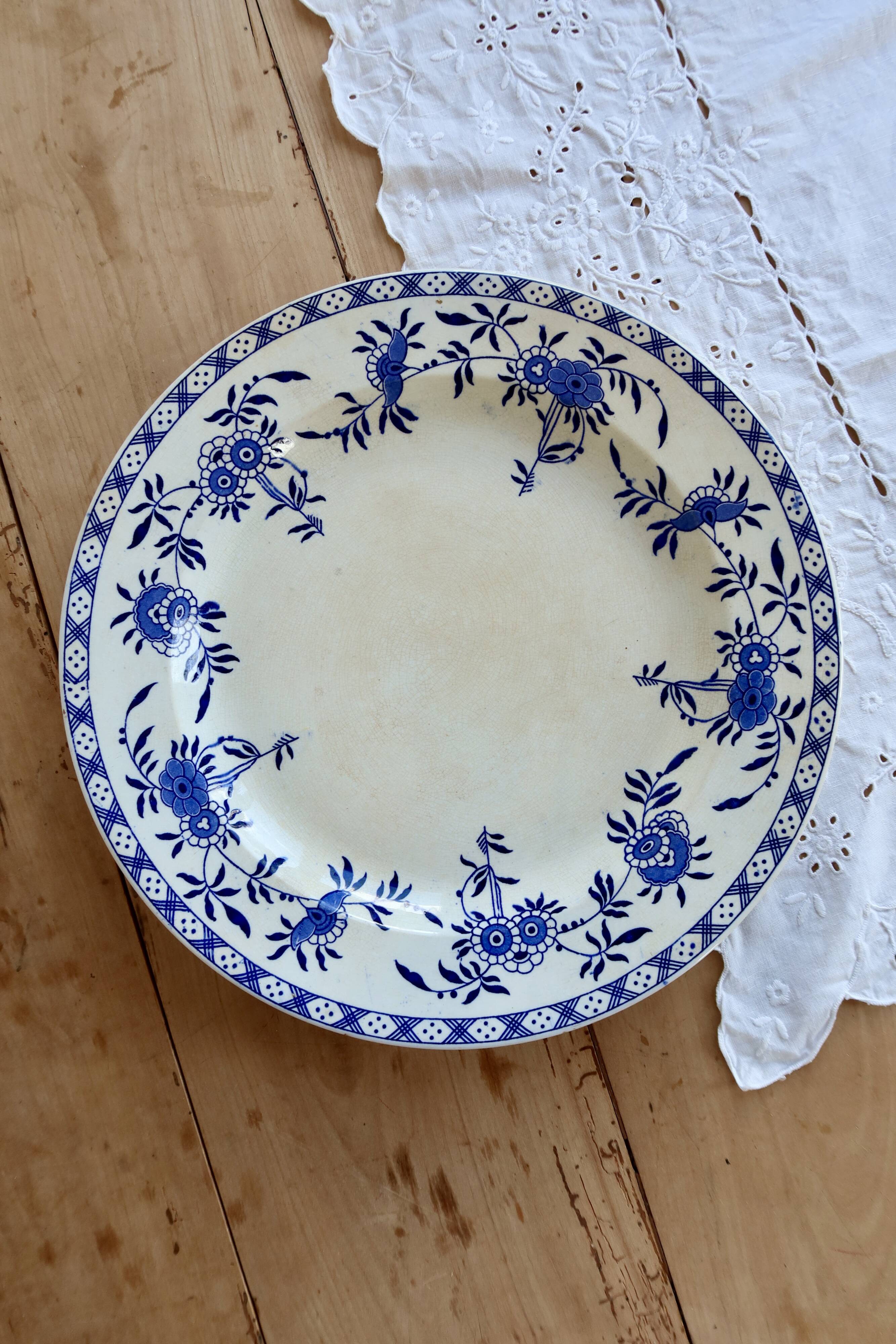 Large round antique plate, blue and white Dresden porcelain.