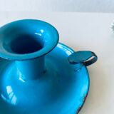 Bougeoir ancien en métal émaillé bleu