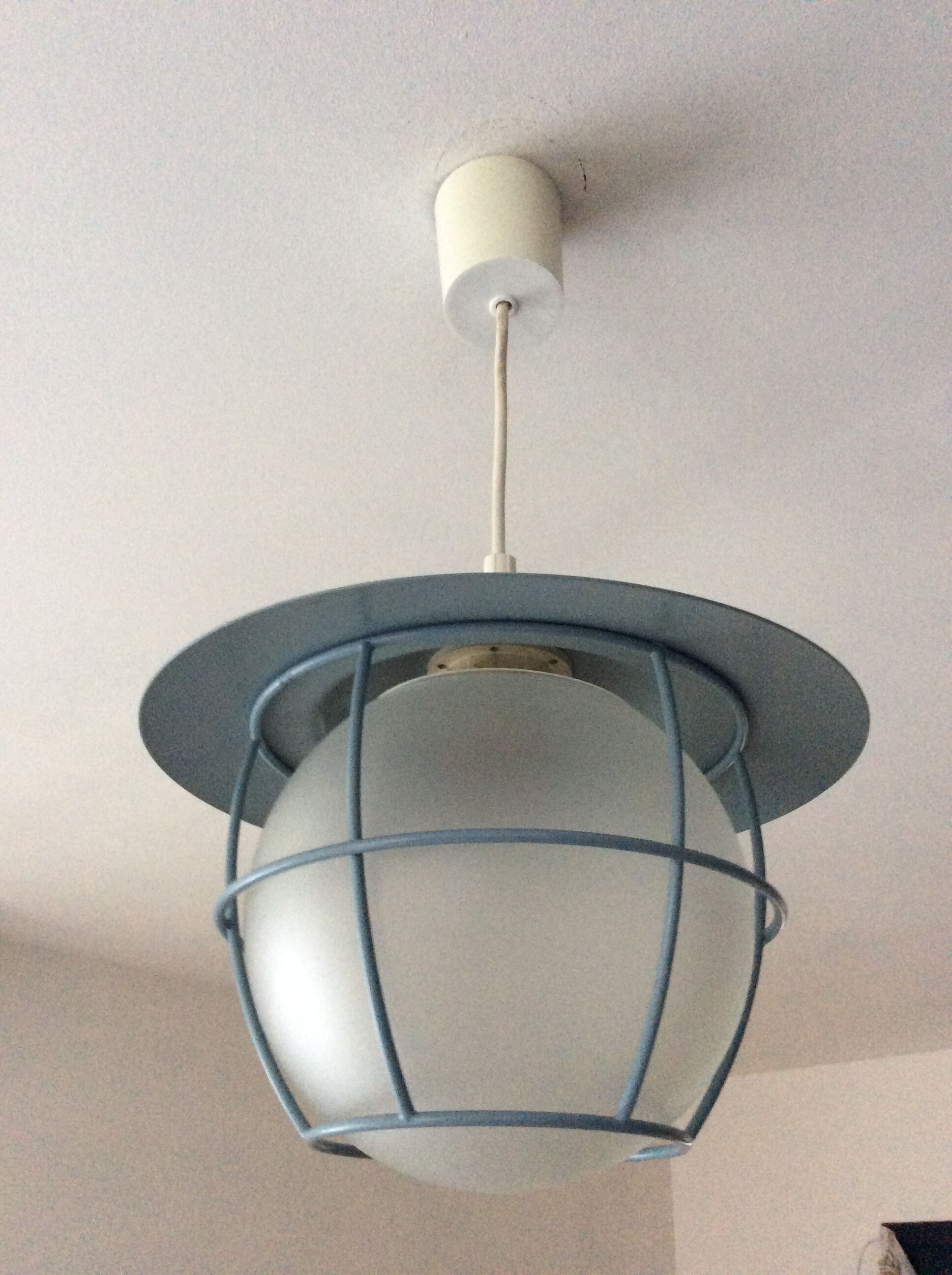 Suspension of the 70s cage in blue metal and frosted glass