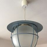 Suspension of the 70s cage in blue metal and frosted glass