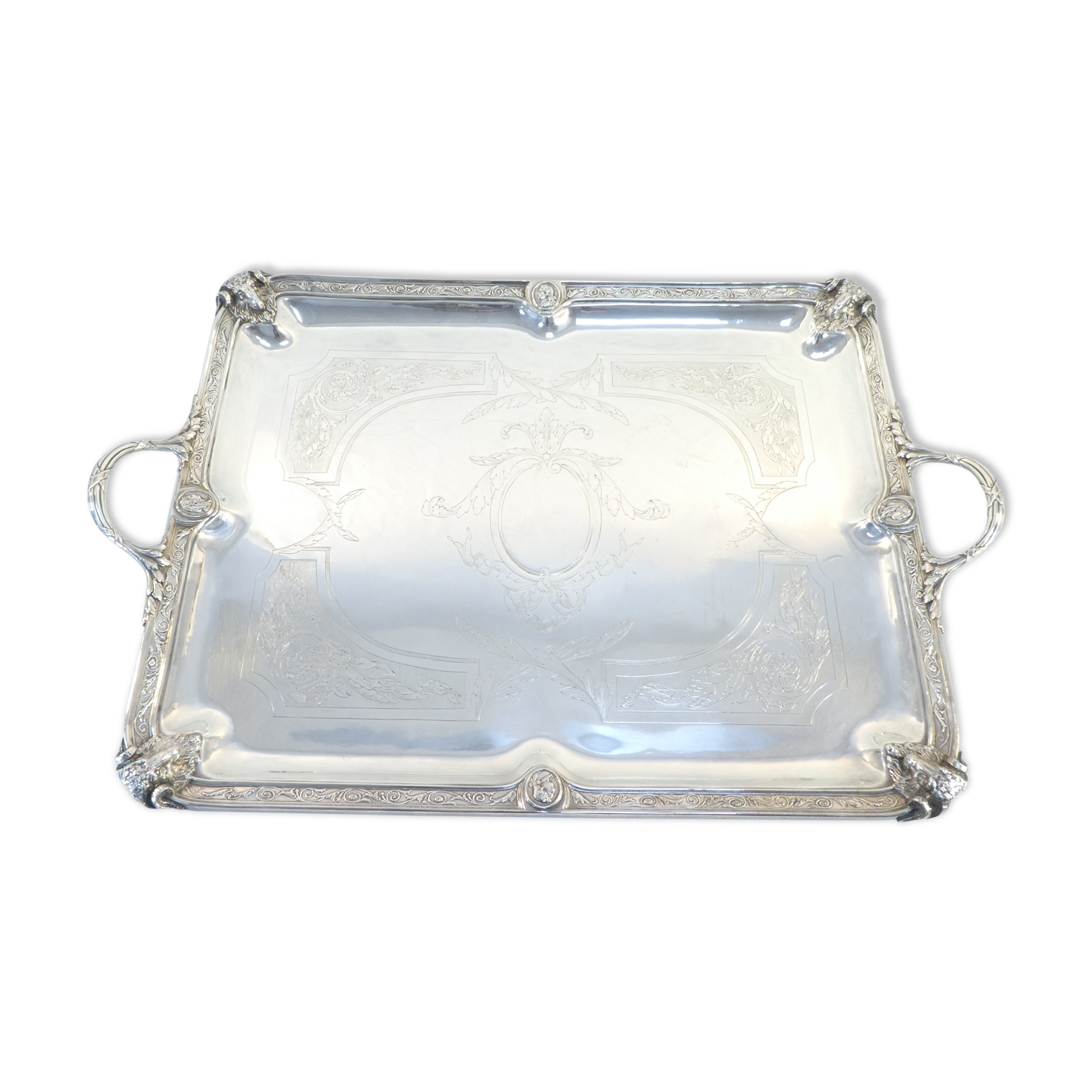Service tray with silver metal belier 19th 77 X 52 cm