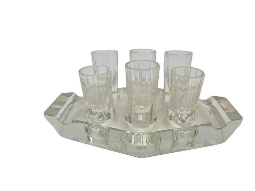 Art Deco vodka shot glasses from Hortensja Glassworks, Poland, 1950s, set of 7