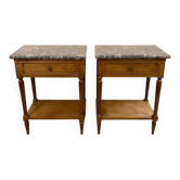 Louis XVI style bedside tables in solid walnut and grey marble