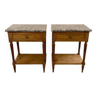 Tables de chevet style Louis XVI en noyer massif et marbre gris
