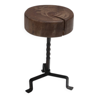 Tabouret brutaliste en bois massif, 1960s