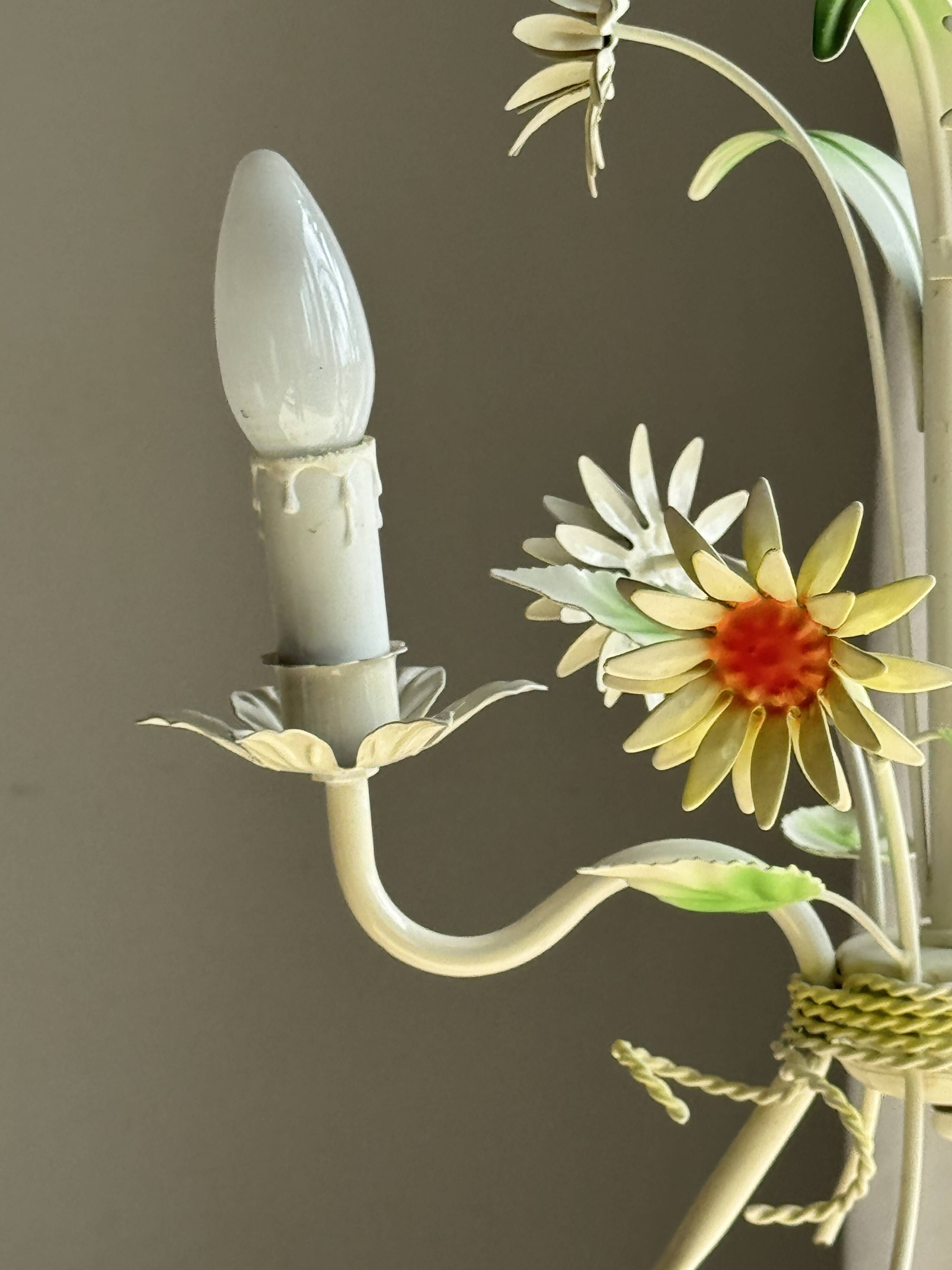Small vintage cream metal flower chandelier with orange flowers and 3 arms.