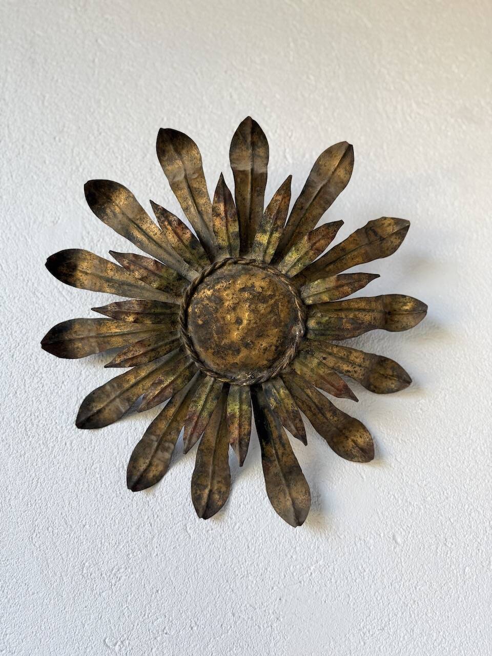 Ceiling or wall light with sun motif, brass, 1950s