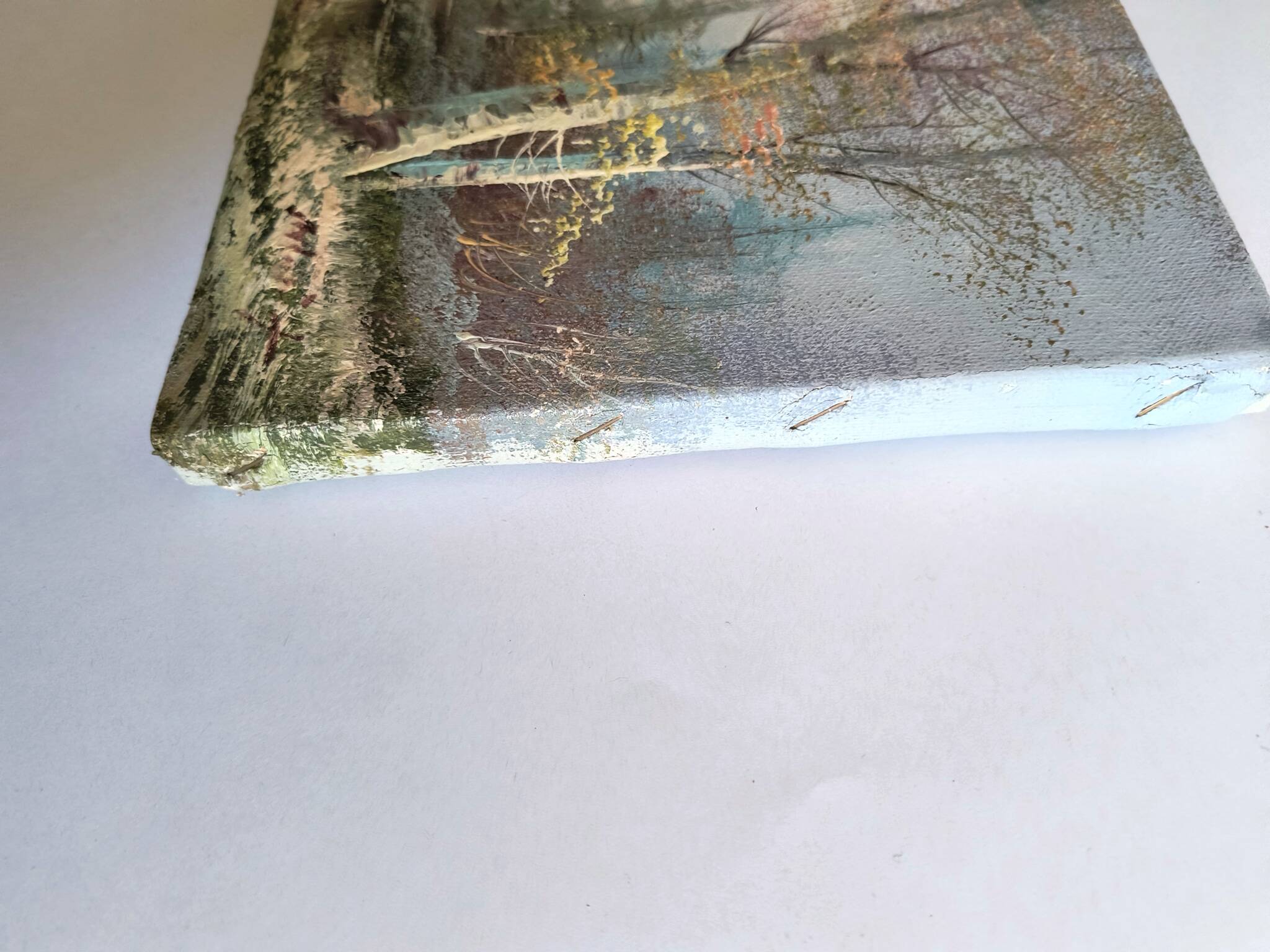 Vintage oil painting – Forest by the lake under a pastel sky