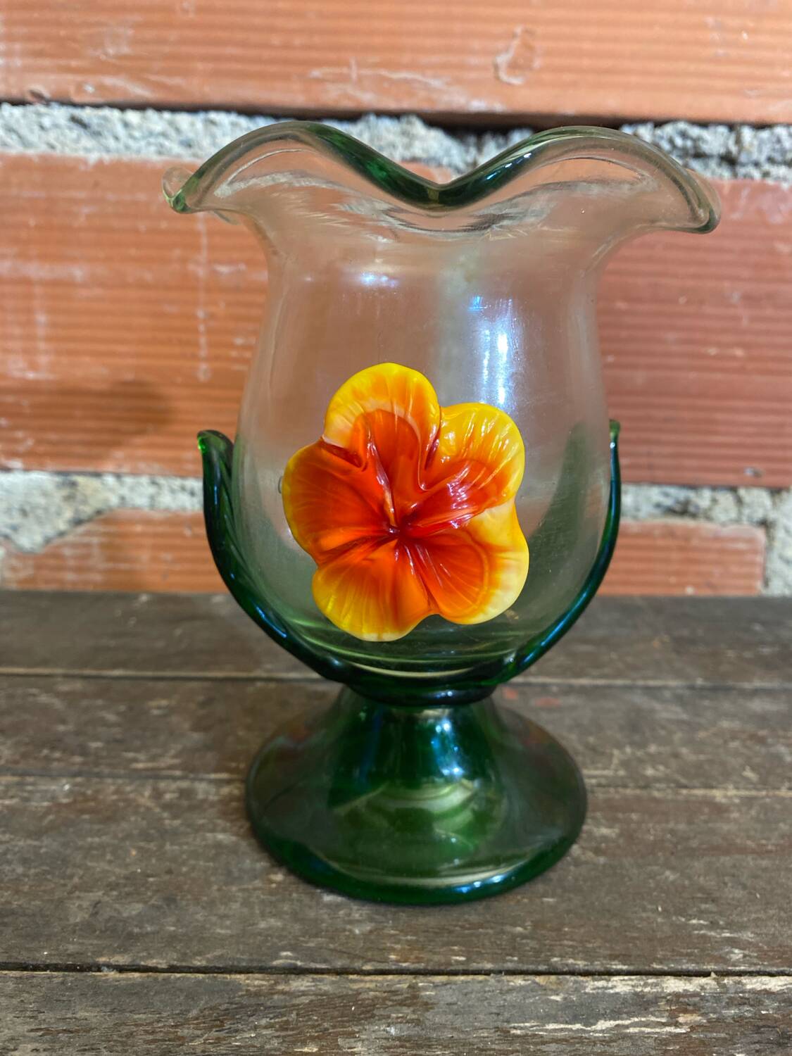 Vintage Murano Glass Vase with Orange and Yellow Flower Decoration, Italy