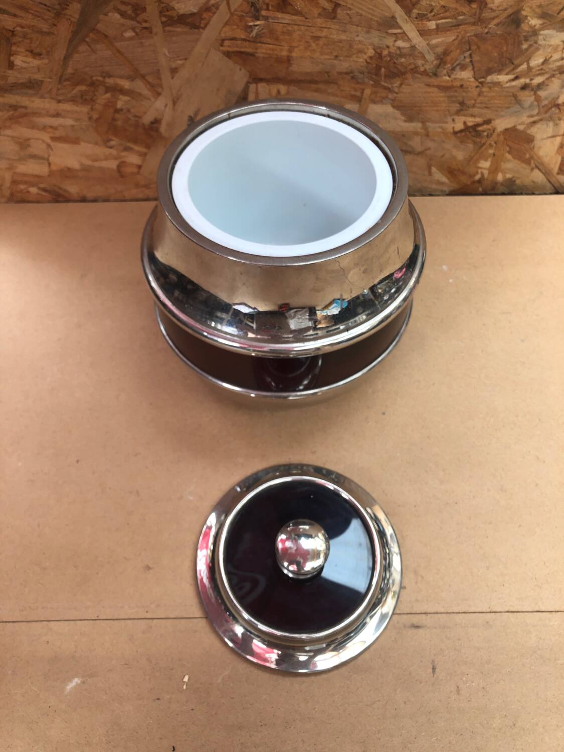 Old deco maella ice bucket red plastic & chrome made in spain