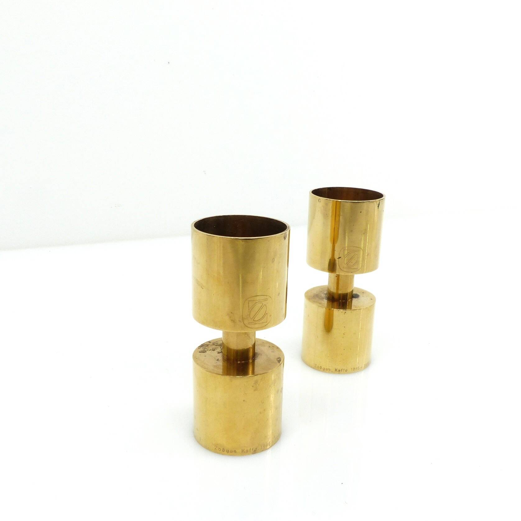 Pair of Zoégas Kaffe candlesticks in solid brass, Sweden 1976