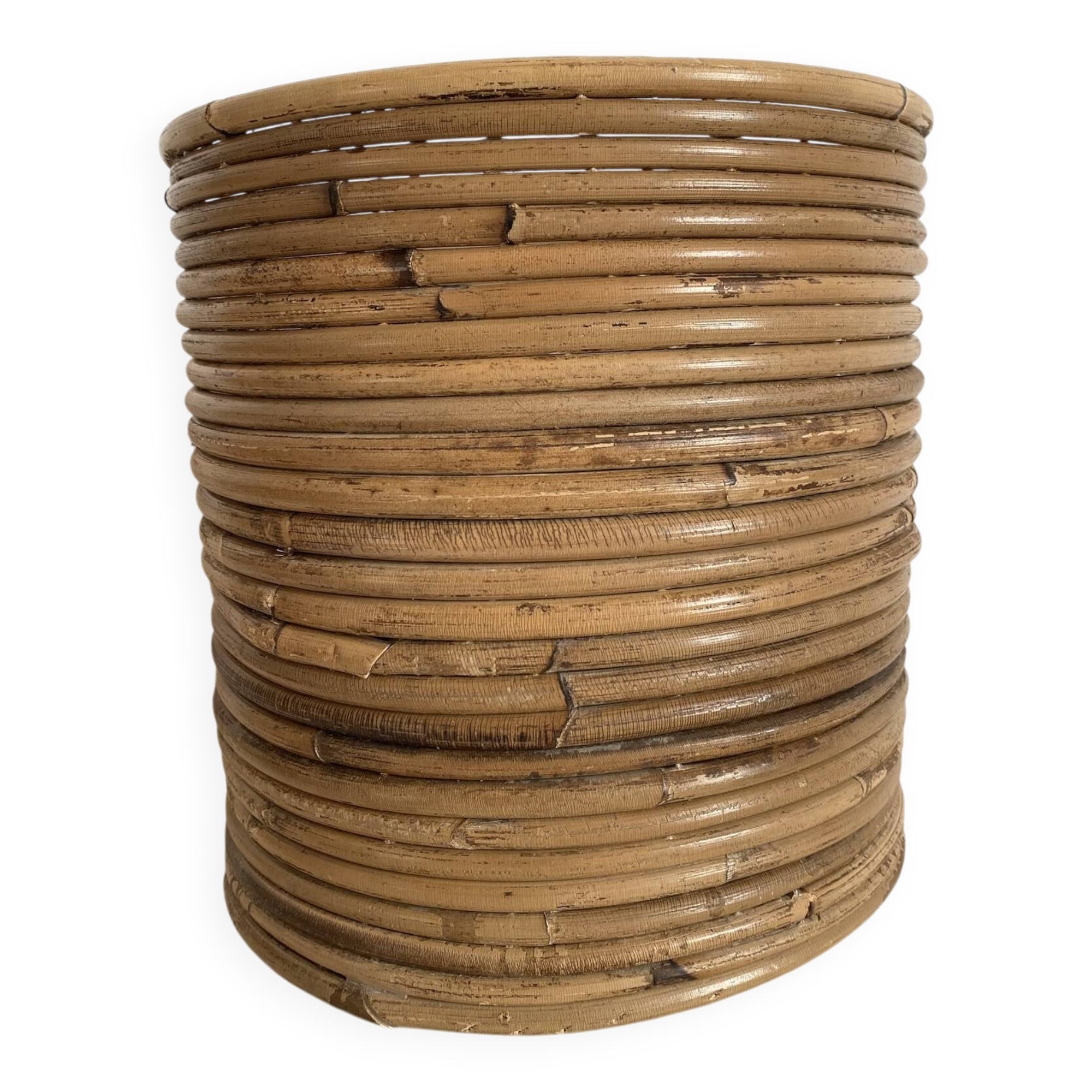 Vintage rattan cache pot in the style of Gabriella Crespi.