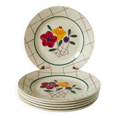 Lot de 6 assiettes plates à fleurs et carreaux Gien modèle "Esterel", 1950