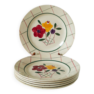 Lot de 6 assiettes plates à fleurs et carreaux Gien modèle "Esterel", 1950