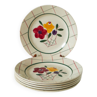 Set of 6 flat plates with flowers and tiles Gien model "Esterel", 1950