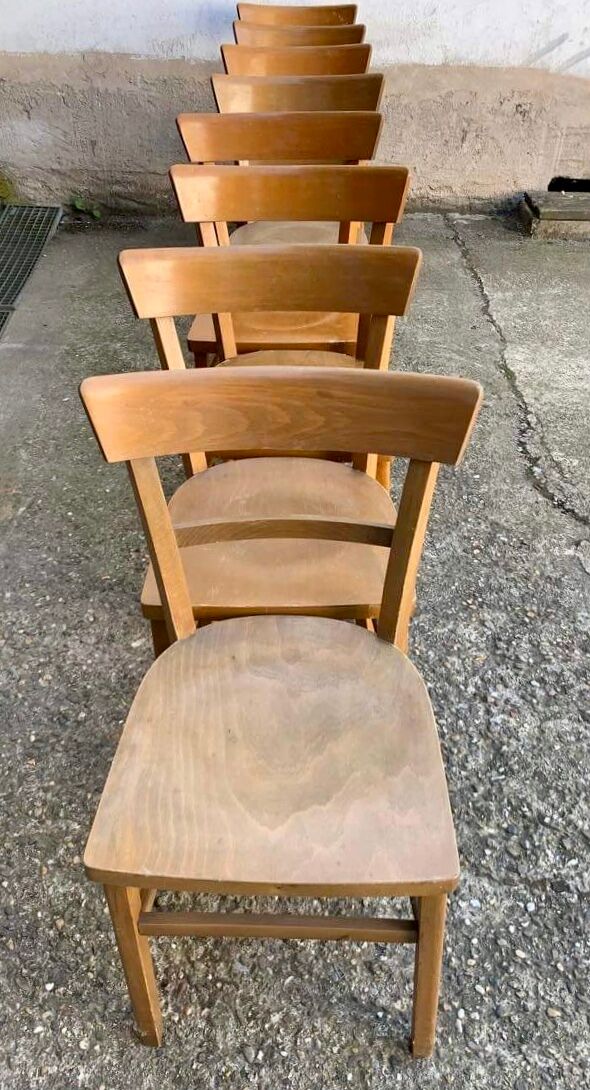 Set of 8 old light wood bistro chairs years 1957 stamps