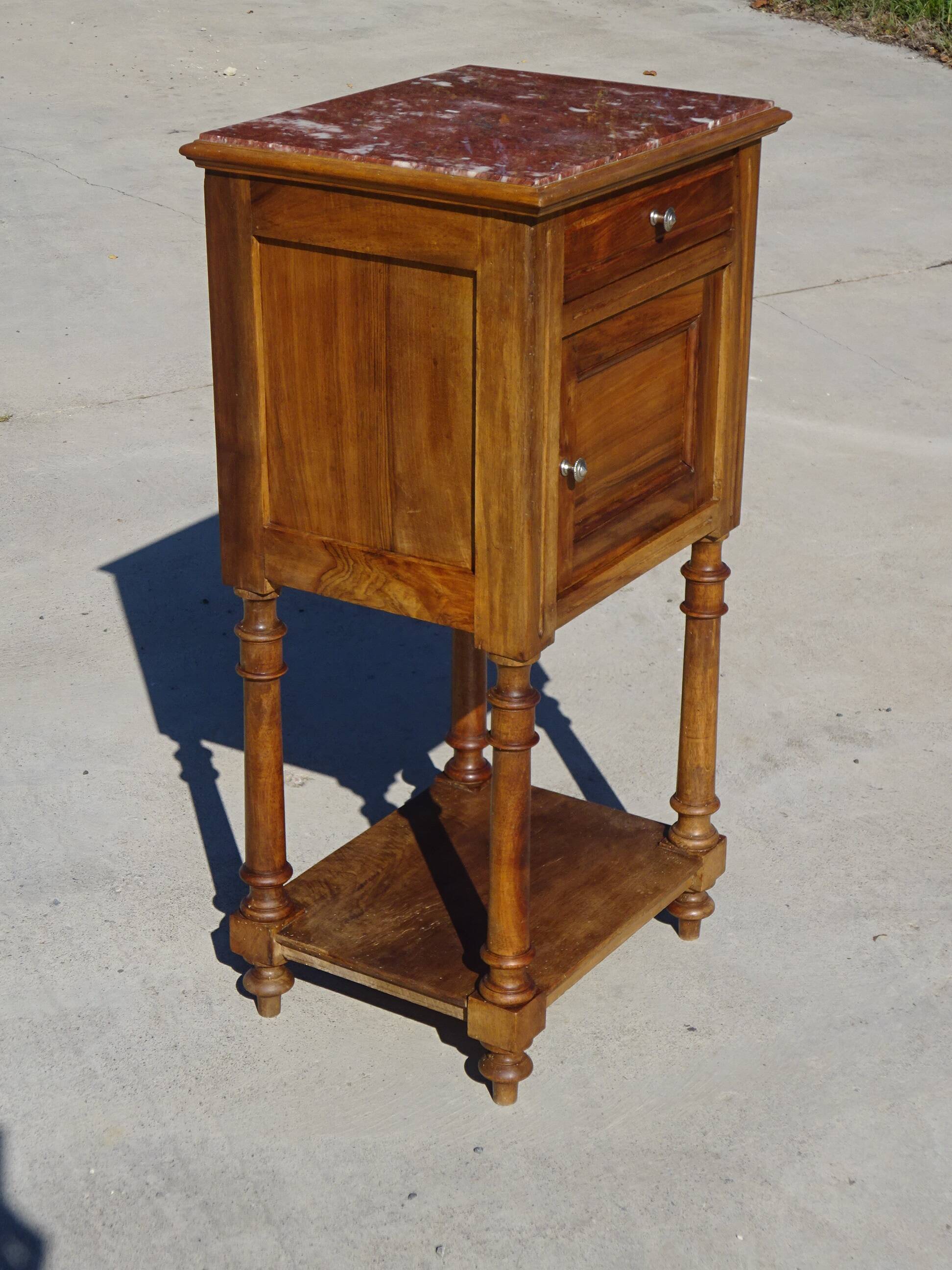 Antique Louis XVI style bedside table in walnut, with a marble top.