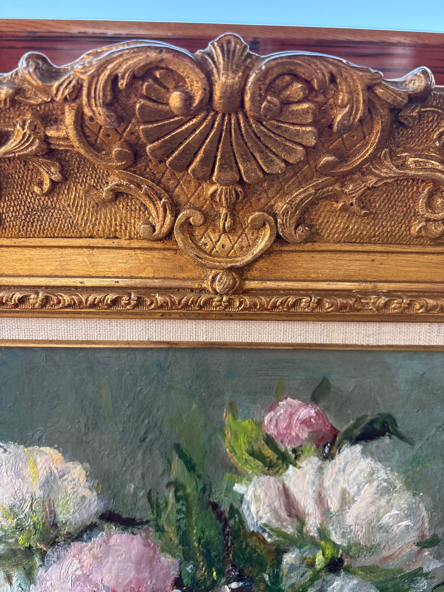 Large painting by Victor Zolnierowicz, peonies, oil on canvas, frame year