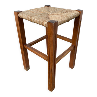 Tabouret vintage en bois et paille