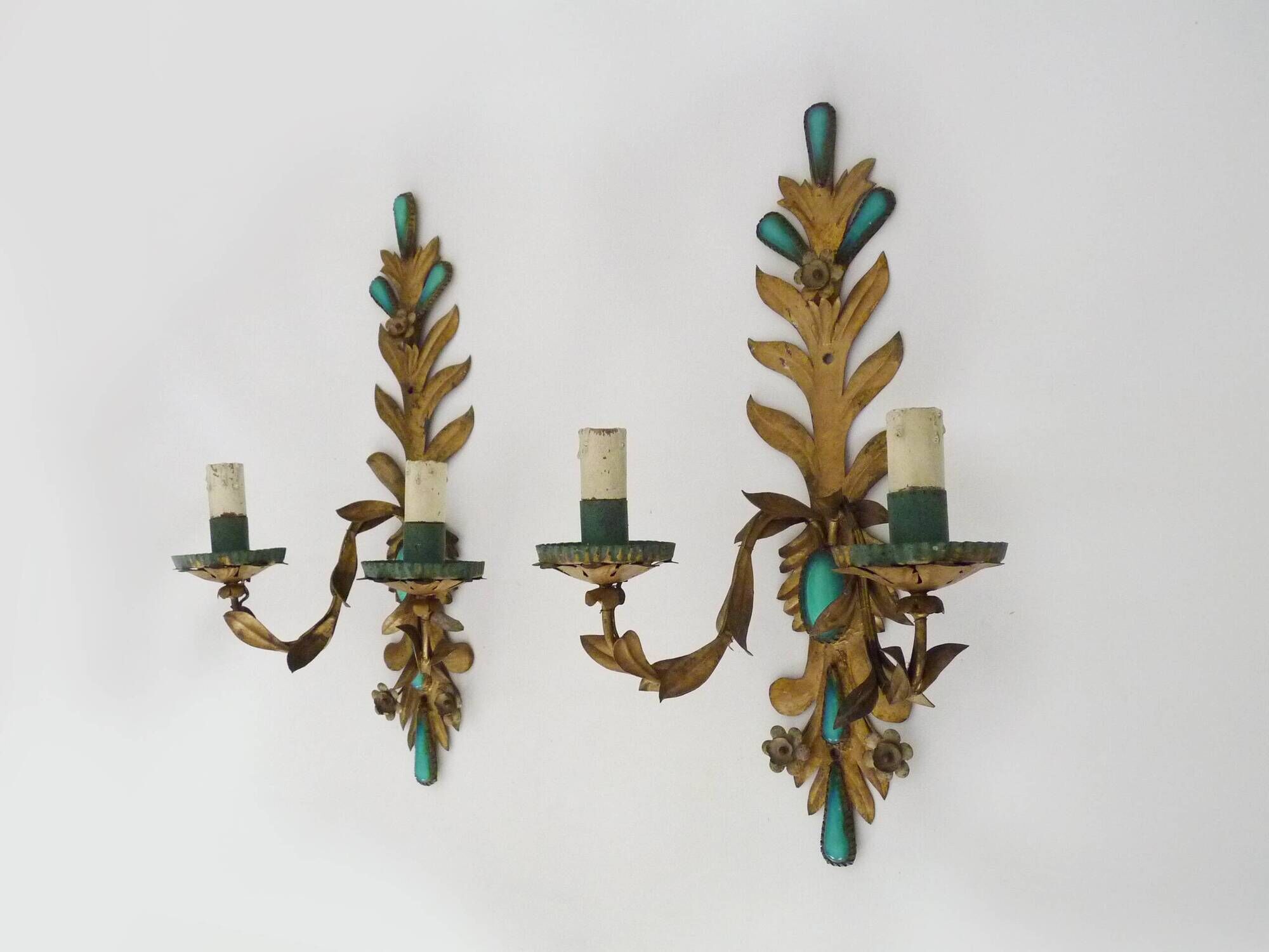 Pair of gold metal wall lights with turquoise glass inlay. 70